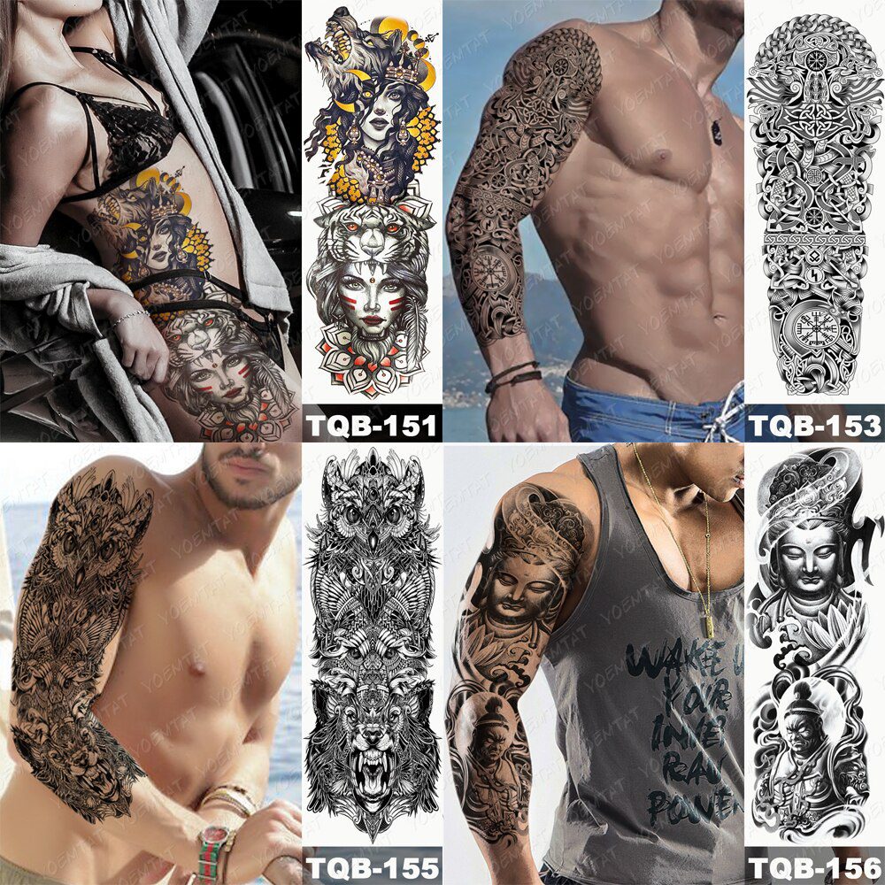 Large Arm Sleeve Tattoo Japanese Prajna Carp Dragon Waterproof Temporary Tatto Sticker God Body Art Full Fake Tatoo Women Men