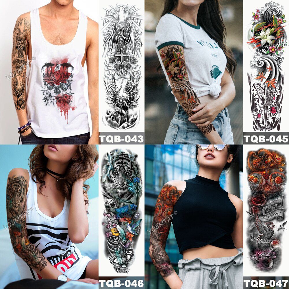 Large Arm Sleeve Tattoo Japanese Geisha Snake Waterproof Temporary Tatto Sticker Lotus Peacock Girl Tatoo Body Art Women