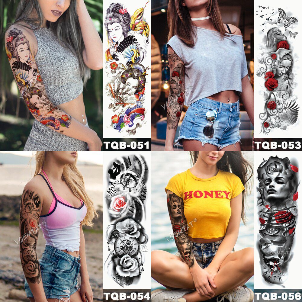 Large Arm Sleeve Tattoo Japanese Geisha Snake Waterproof Temporary Tatto Sticker Lotus Peacock Girl Tatoo Body Art Women