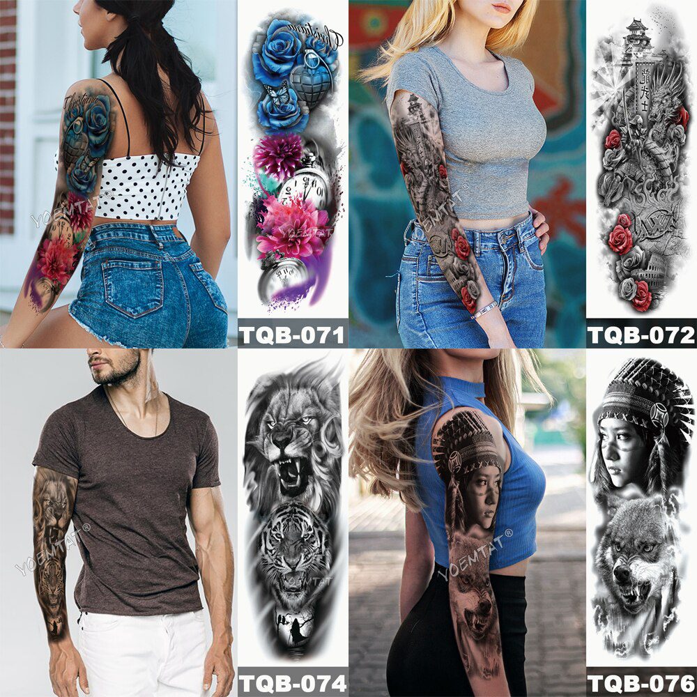 Large Arm Sleeve Tattoo Japanese Geisha Snake Waterproof Temporary Tatto Sticker Lotus Peacock Girl Tatoo Body Art Women