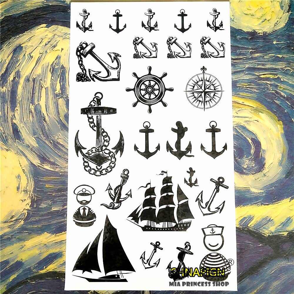 SHNAPIGN Marine Pirate Anchor Temporary Tattoo Body Art Arm Flash Tattoo Stickers 17*10cm Waterproof Fake Henna Painless Sticker