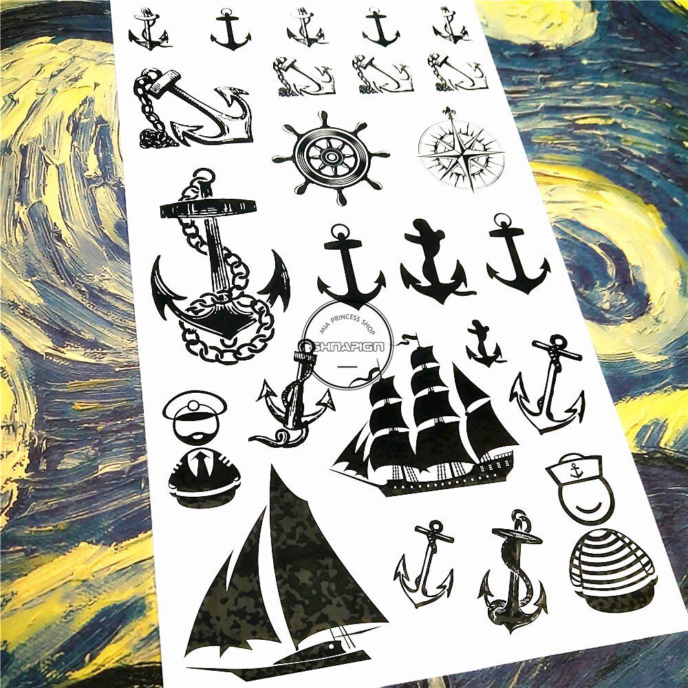 SHNAPIGN Marine Pirate Anchor Temporary Tattoo Body Art Arm Flash Tattoo Stickers 17*10cm Waterproof Fake Henna Painless Sticker