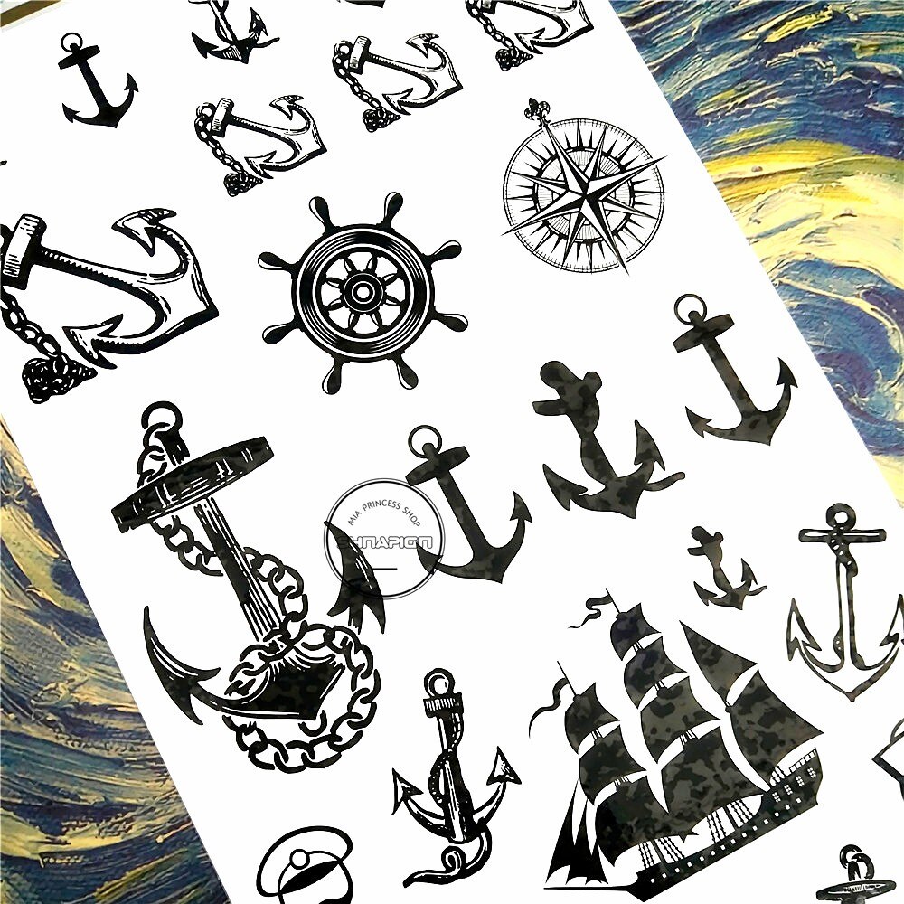 SHNAPIGN Marine Pirate Anchor Temporary Tattoo Body Art Arm Flash Tattoo Stickers 17*10cm Waterproof Fake Henna Painless Sticker