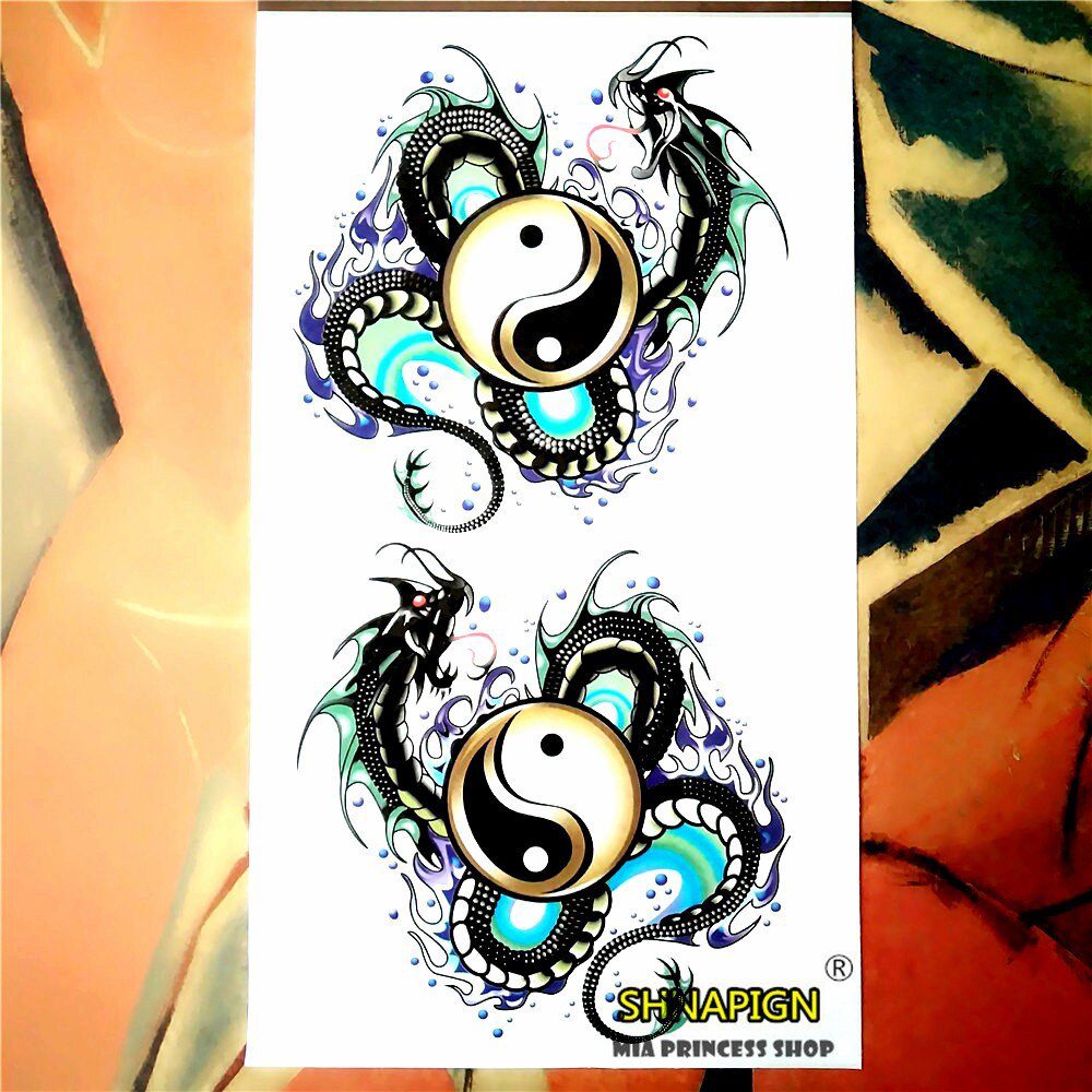 SHNAPIGN Yin Yang Taichi Dragon Temporary Tattoo Body Art Flash Tattoo Stickers 17*10cm Waterproof Fake Car Styling Wall Sticker