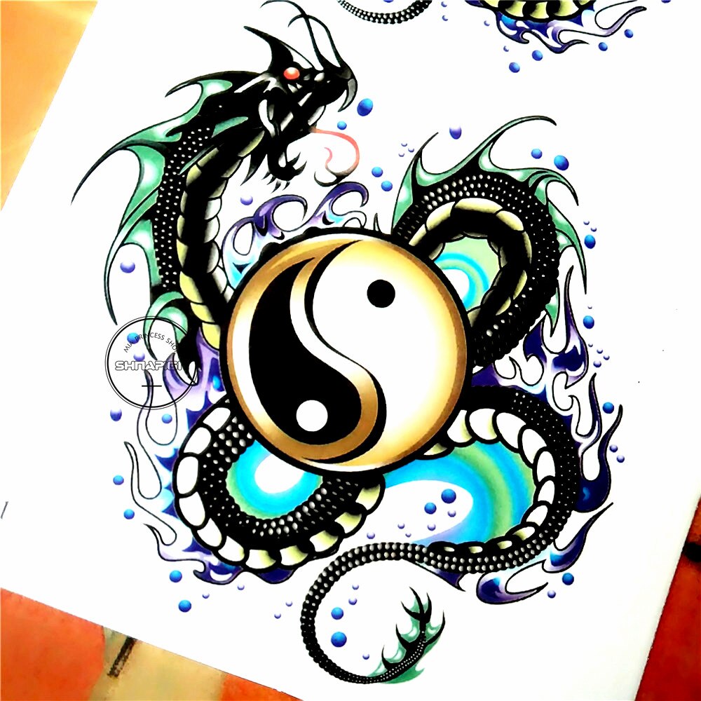 SHNAPIGN Yin Yang Taichi Dragon Temporary Tattoo Body Art Flash Tattoo Stickers 17*10cm Waterproof Fake Car Styling Wall Sticker