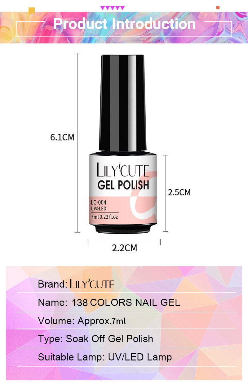 LILYCUTE 7ml Nail Gel Polish Semi Permanent Gel Varnish Base Top Coat UV LED Gel Varnish Soak Off Nail Art Gel Nail Polish