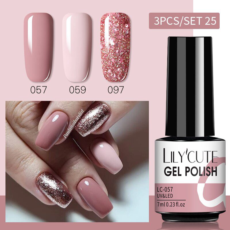 LILYCUTE 3PCs Rose Gold Gel Nail Polish Manicure Set Glitter Nail Gel Semi Permanent Base Top Coat UV Gel Nail Art Design Hybrid