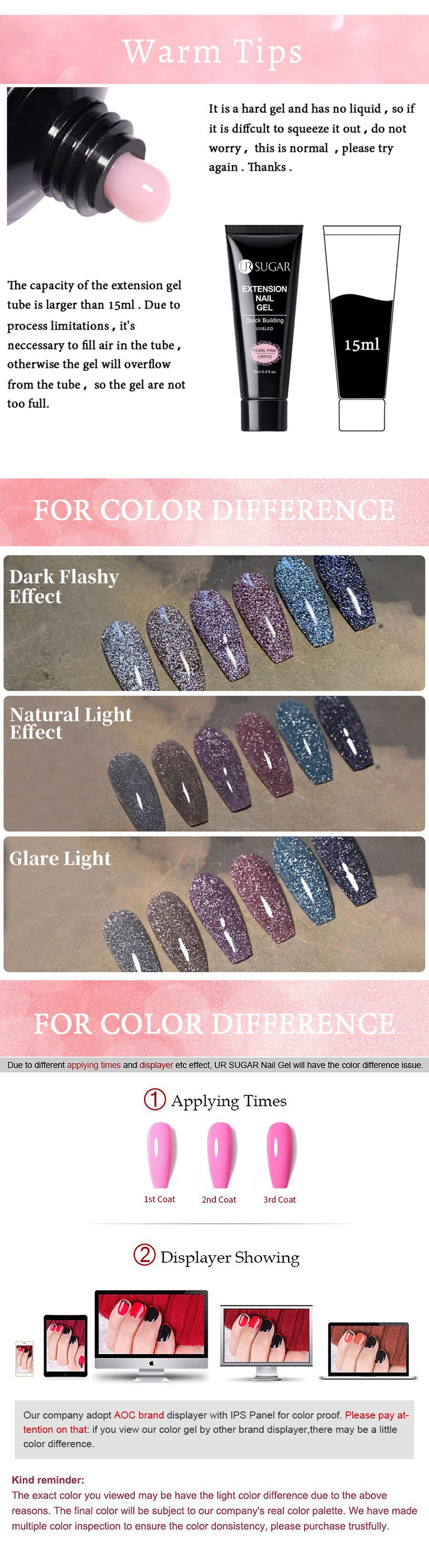 UR SUGAR Glitter Nail Extension Gel 15ml All For Manicure Building UV LED Gel Semi Permanent Soak Off Nail Art Gel for Extension