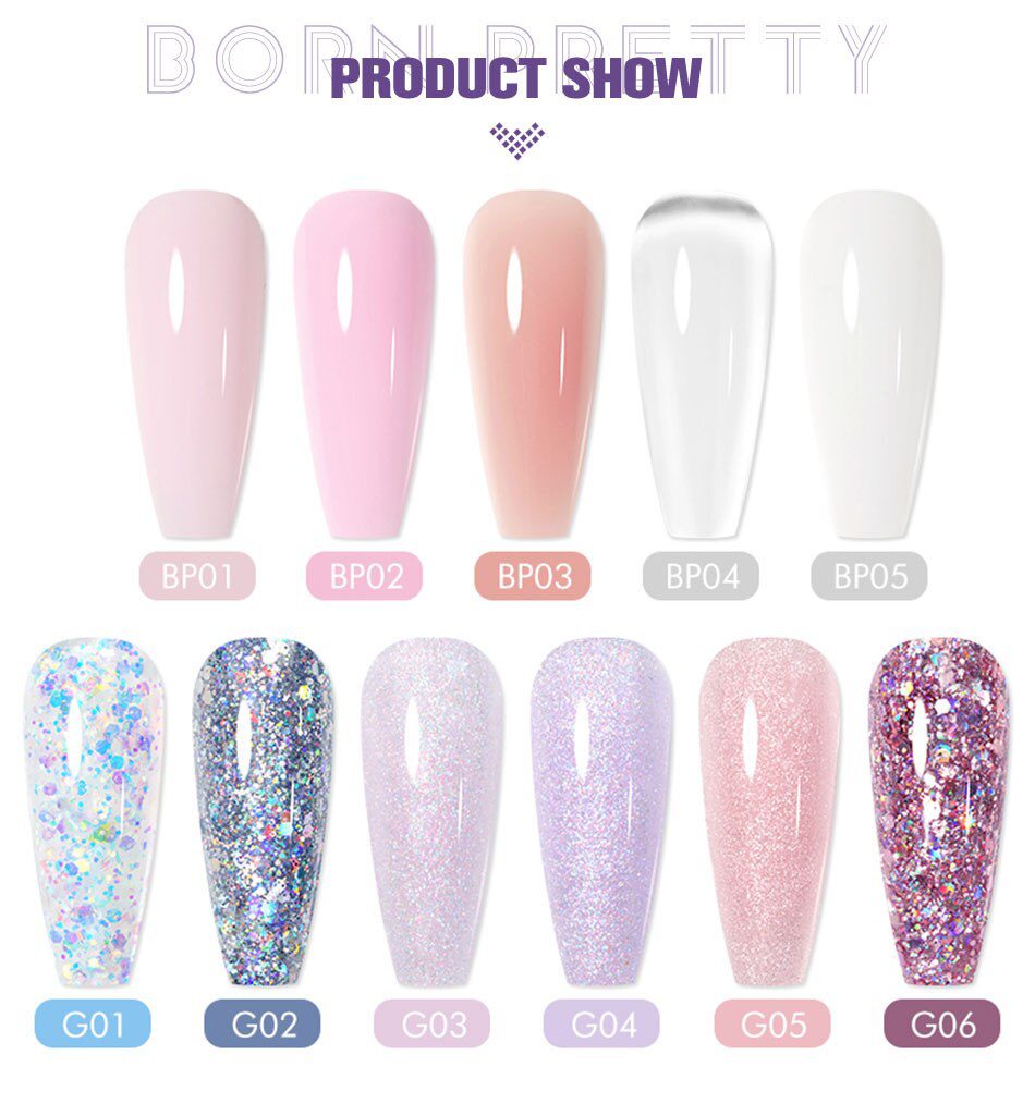 BORN PRETTY 30/20ml Glitter Acrylic Gel Finger Extension Silver Pink Extension Gel Soak Off Nail Art Gel Varnish