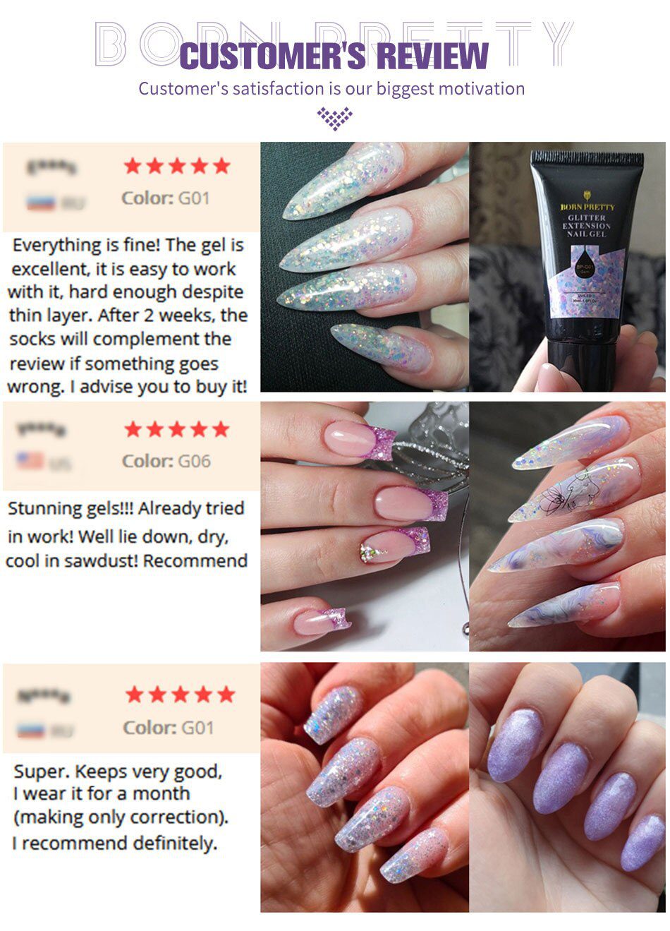 BORN PRETTY 30/20ml Glitter Acrylic Gel Finger Extension Silver Pink Extension Gel Soak Off Nail Art Gel Varnish