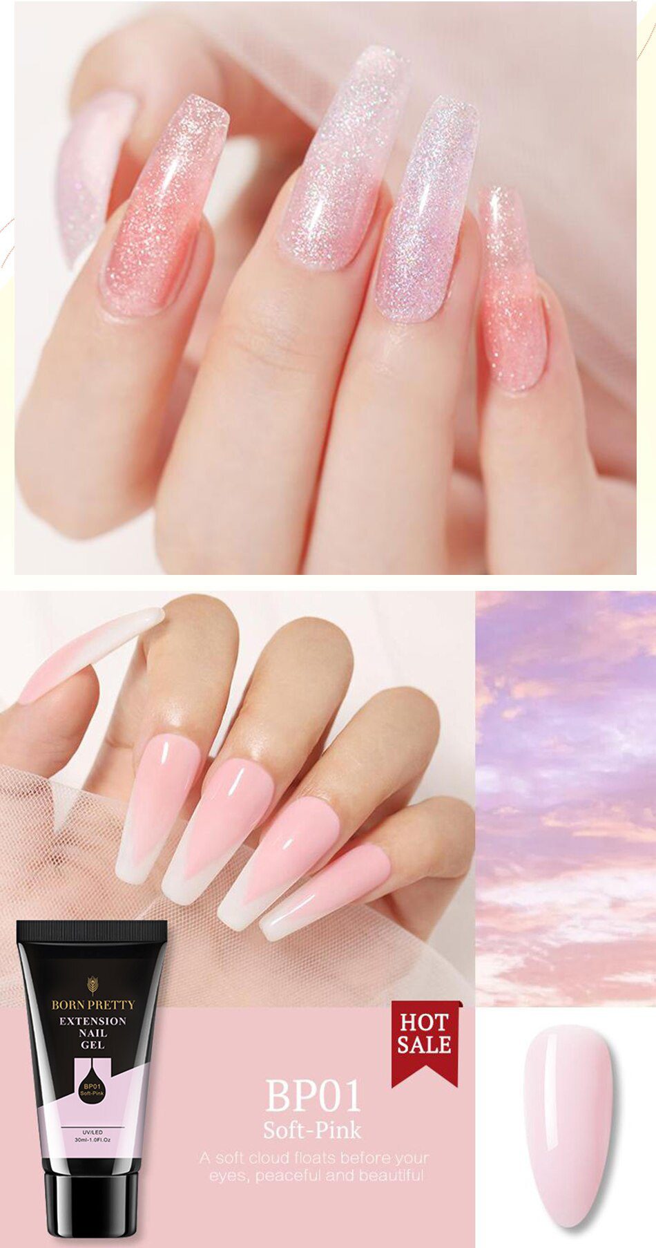 BORN PRETTY 30/20ml Glitter Acrylic Gel Finger Extension Silver Pink Extension Gel Soak Off Nail Art Gel Varnish