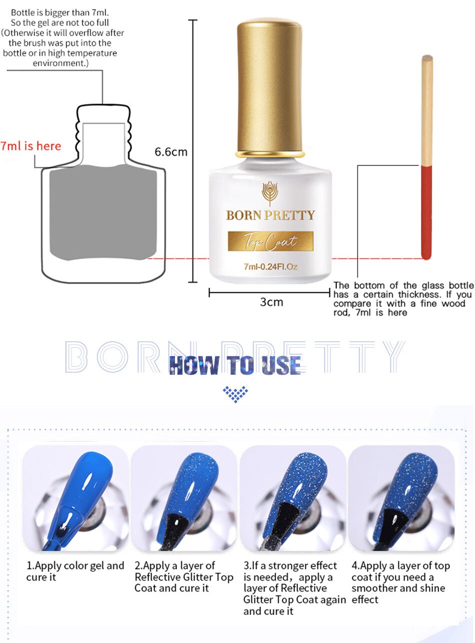 BORN PRETTY 1 Bottle 7ml Reflective Top Coat Function Gel Glitter Silver Holographic Gel Soak Off Nail Art UV Gel Varnish