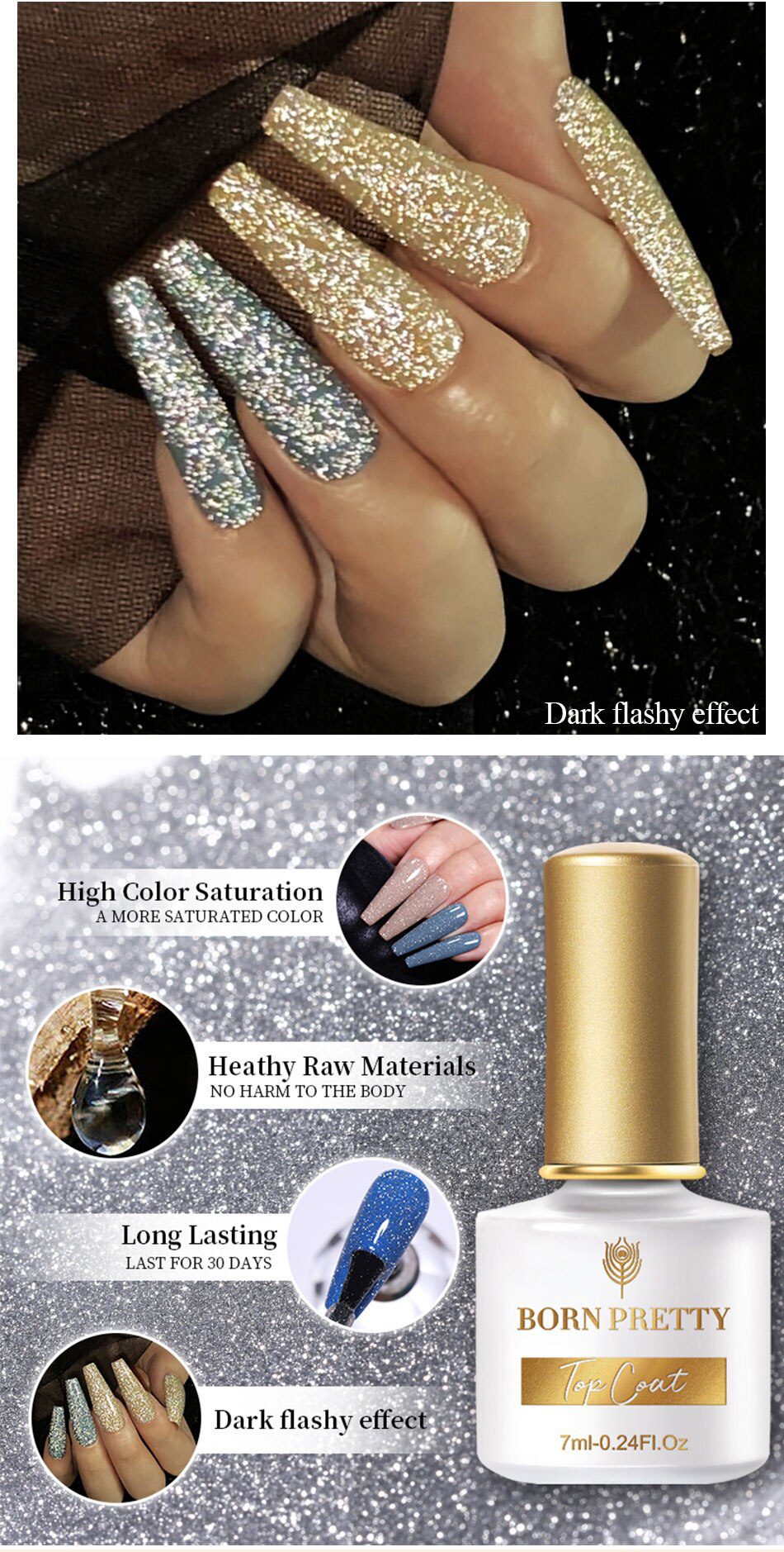 BORN PRETTY 1 Bottle 7ml Reflective Top Coat Function Gel Glitter Silver Holographic Gel Soak Off Nail Art UV Gel Varnish