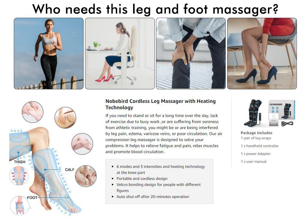 Foot air pressure leg massager promotes blood circulation, body massager, muscle relaxation, lymphatic drainage device 360°