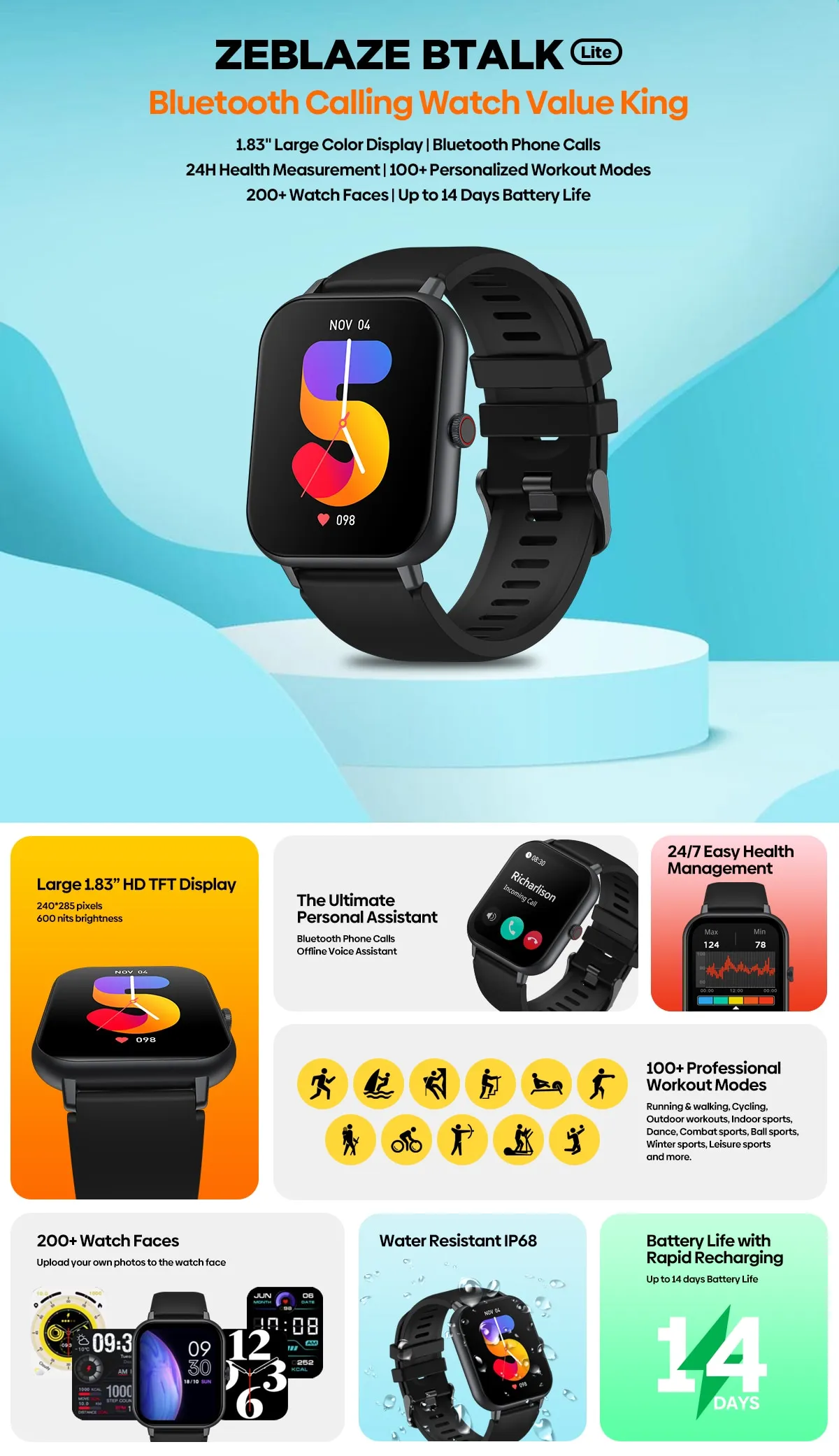 Zeblaze Btalk Lite Voice Calling Smart Watch Health Sport Monitoring Smart Notifications Voice Assistant Smartwatch Men