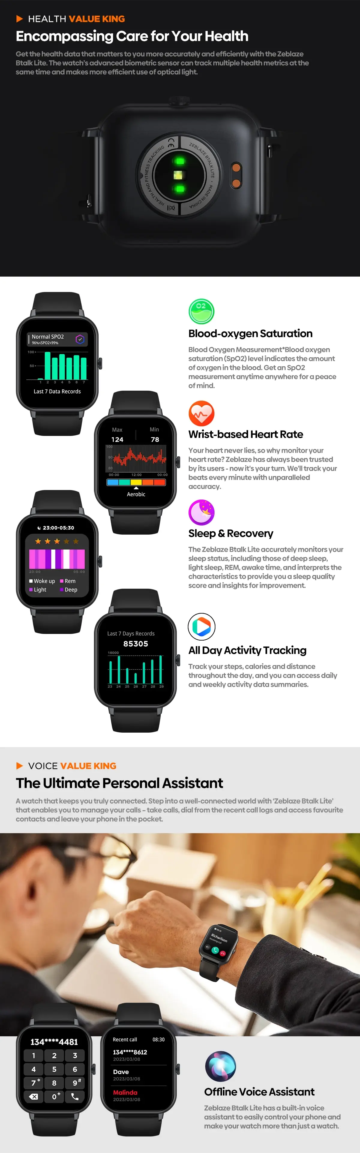 Zeblaze Btalk Lite Voice Calling Smart Watch Health Sport Monitoring Smart Notifications Voice Assistant Smartwatch Men