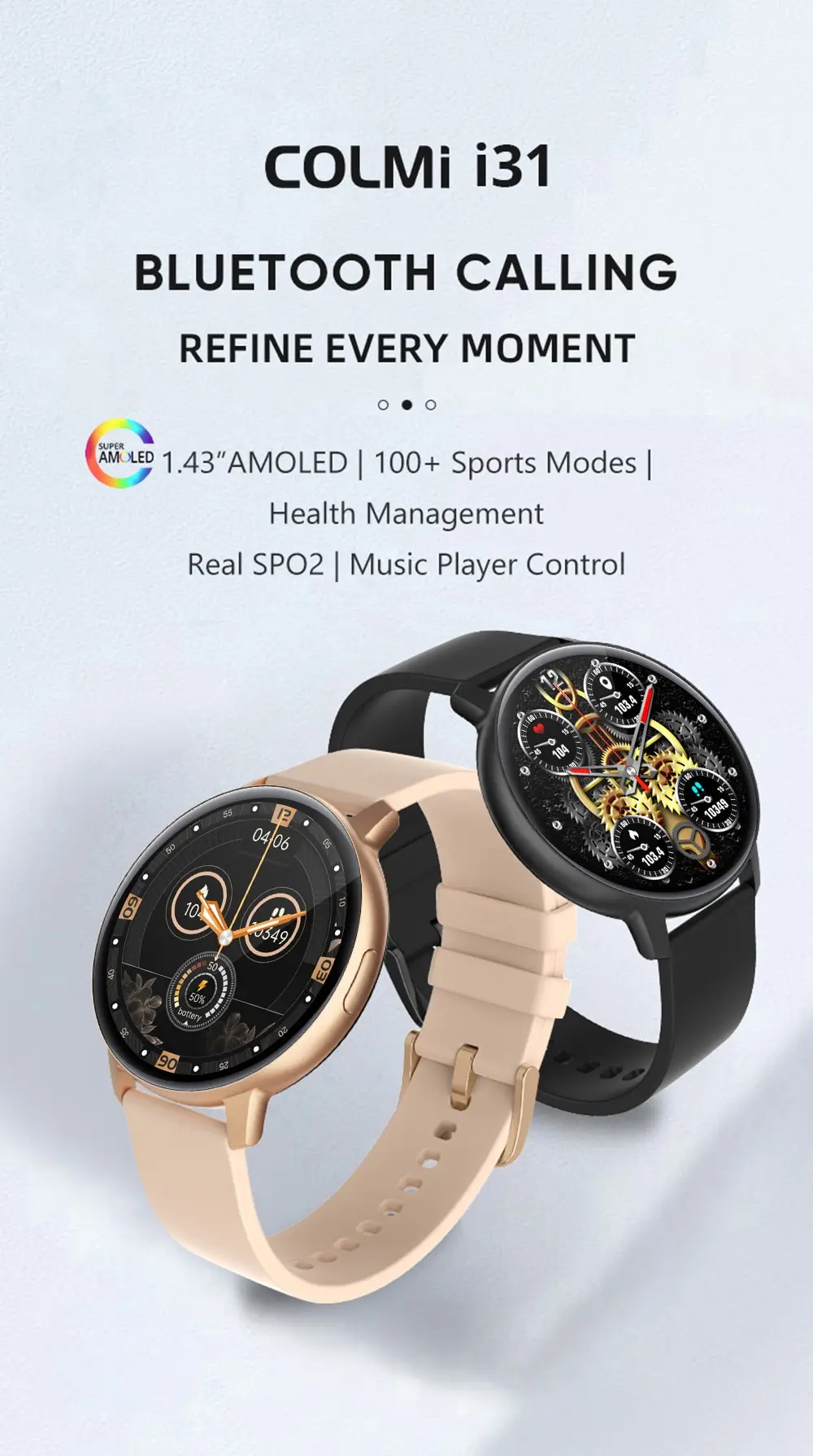 COLMI I31 Smartwatch 1.43 Inch AMOLED Screen 100 Sports Modes 7 Day Battery Life Always On Display Smart Watch Men Women