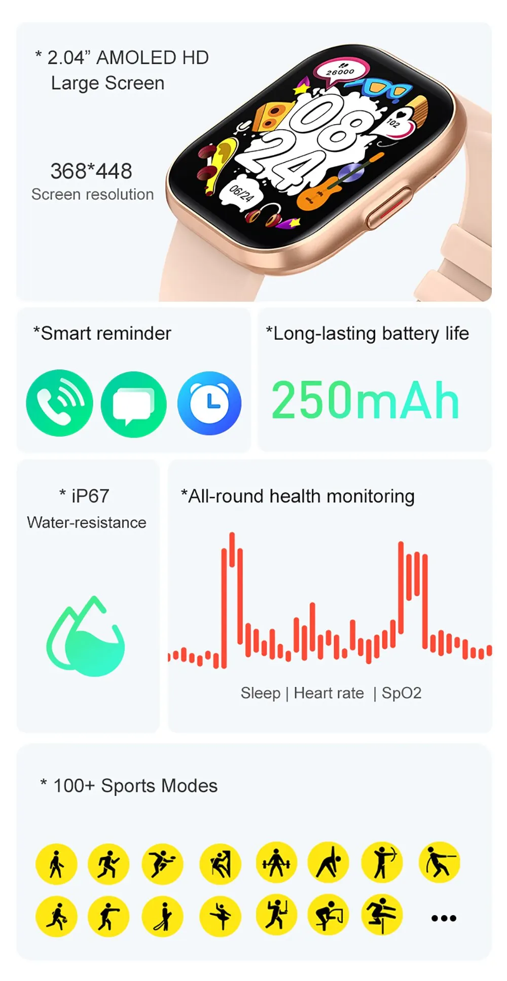 COLMI P68 Smartwatch 2.04'' AMOLED Screen 100 Sports Modes 7 Day Battery Life Support Always On Display Smart Watch Men Women