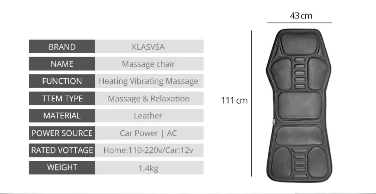 KLASVSA Electric Back Massager Massage Chair Cushion Heating Vibrator Car Home Office Lumbar Neck Mattress Pain Relief