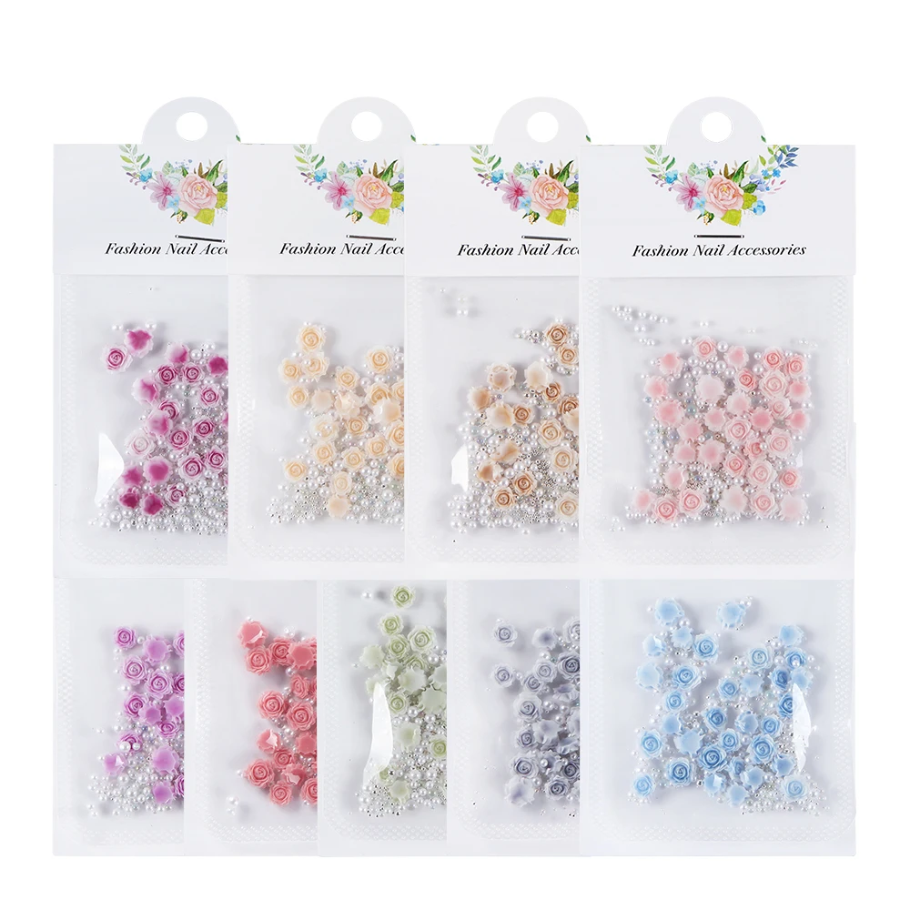 30pcs Rose Design Nail Charm Accessories Mixed Pearl Manicure Part DIY Round Flower Nail Decoration Supplies Romantic Valentines