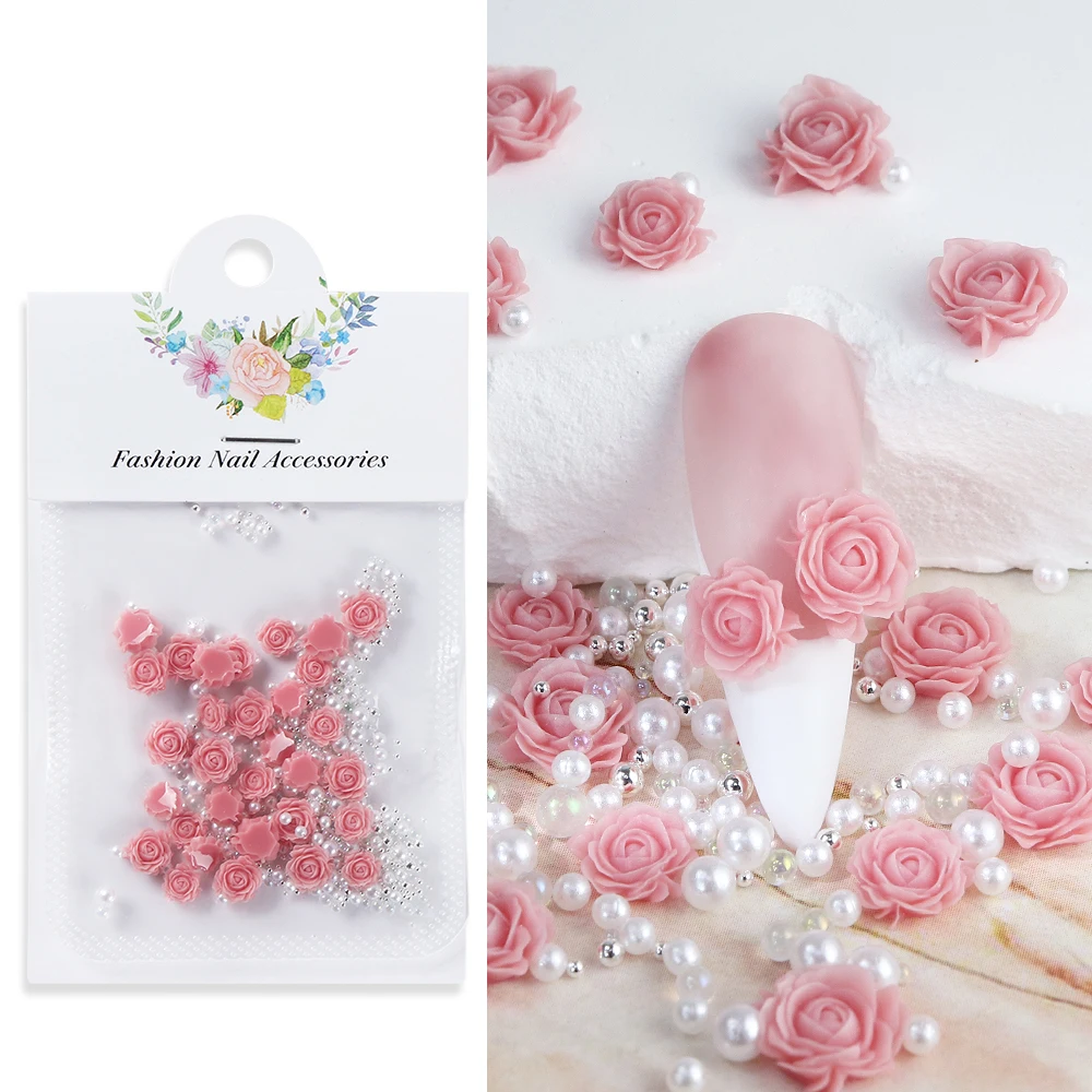 30pcs Rose Design Nail Charm Accessories Mixed Pearl Manicure Part DIY Round Flower Nail Decoration Supplies Romantic Valentines