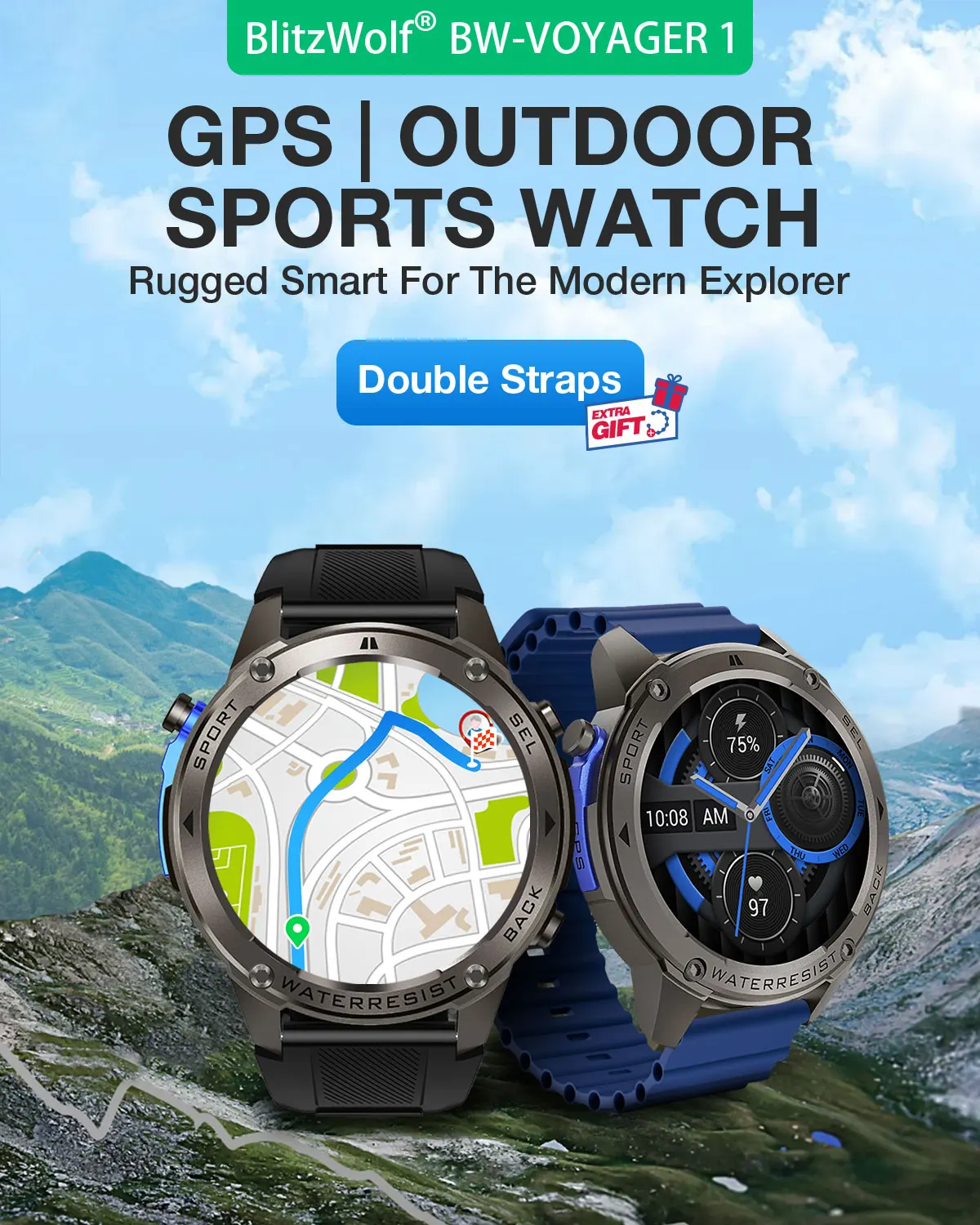 BlitzWolf BW-Voyager1 1.43 inch AMOLED Double Straps Compass & Barometer 10ATM Waterproof bluetooth Call Heart Rate Smart Watch BlitzWolf BW-Voyager1 1.43 inch AMOLED Double Straps Compass & Barometer 10ATM Waterproof bluetooth Call Heart Rate Smart Watch